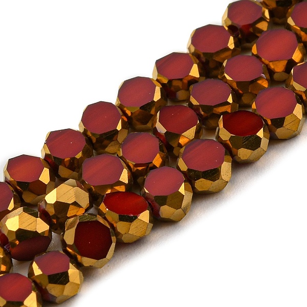

PandaHall Electroplate Glass Beads Strands, with Golden Plated Edge, Faceted Flat Round, FireBrick, 4x2.5mm, Hole: 1mm, about 70pcs/strand..., Red