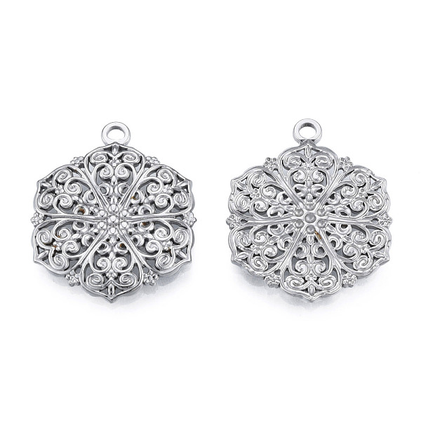 

PandaHall 201 Stainless Steel Pendants, Hexagon with Flower, Stainless Steel Color, 28.5x23x2.5mm, Hole: 2mm 201 Stainless Steel Hexagon