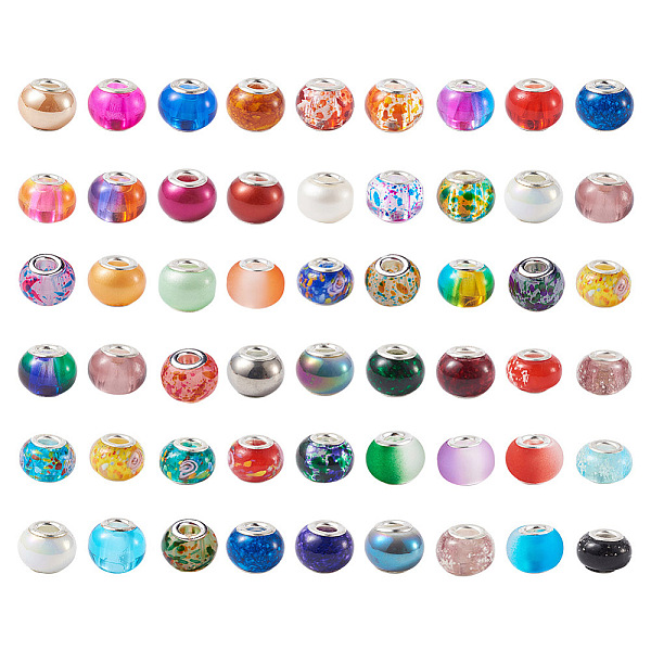 

PandaHall Handmade Lampwork European Large Hole Beads and Glass European Beads, with Brass Silver Cores, Rondelle, Mixed Color, 100pcs/box..., Multicolor