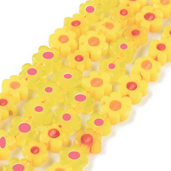 

PandaHall Handmade Millefiori Glass Bead Strands, Flower, Yellow, 4~7.2x2.6mm, Hole: 1mm, about 60~69pcs/Strand, 16 inch(40cm) Millefiori...