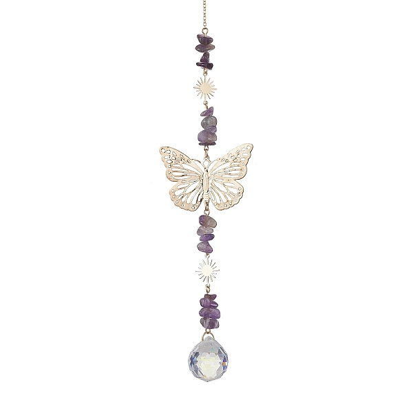 

PandaHall Butterfly Brass Pendant Decorations, with Glass Pendants and Amethyst Beads, 315mm Amethyst Butterfly White