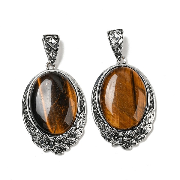 

PandaHall Natural Tiger Eye Big Pendants, Antique Silver Plated Alloy Oval Charms with Flower, 59x40x12mm, Hole: 17x6.5mm Tiger Eye Oval