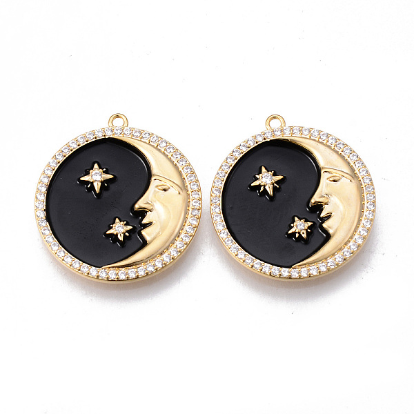 

PandaHall Brass Micro Pave Clear Cubic Zirconia Pendants, with Enamel, Nickel Free, Real 18K Gold Plated, Flat Round with Moon & Star, Black...