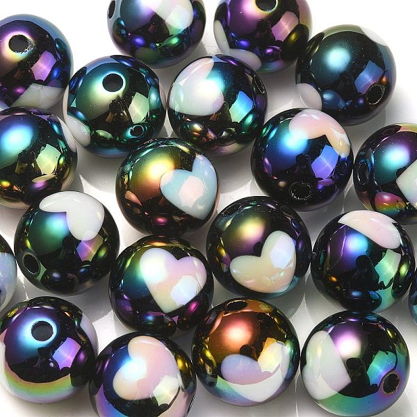 

PandaHall UV Plating Rainbow Iridescent Acrylic Beads, Round with Heart Pattern, Black, 16x15mm, Hole: 3mm Acrylic Round Black