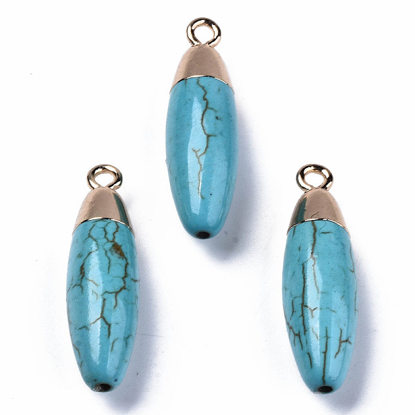 

PandaHall Synthetic Turquoise Pendants, with Light Gold Plated Top and Iron Loop, Oval, Dyed, 34~35x9~10mm, Hole: 2mm Synthetic Turquoise...