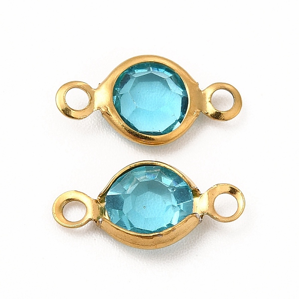 

PandaHall Ion Plating(IP) 304 Stainless Steel with Glass Connector Charms, Flat Round Links, Real 18K Gold Plated, Cyan, 12.5x7x2mm, Hole...