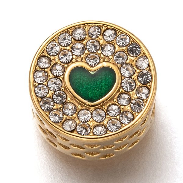 

PandaHall 304 Stainless Steel European Beads, Large Hole Beads, with Enamel and Crystal Rhinestone, Flat Round with Heart, Golden, Green...
