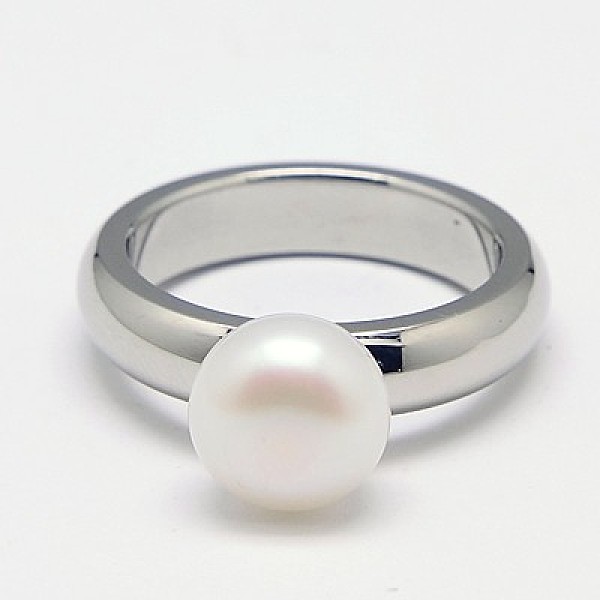 PandaHall 316L Surgical Stainless Steel Finger Rings, with Freshwater Pearl Beads, White, 19mm Pearl White