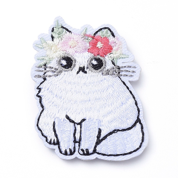 PandaHall Computerized Embroidery Cloth Iron on/Sew on Patches, Costume Accessories, Appliques, Cat with Flower, Colorful, 49x40x2mm Cloth...