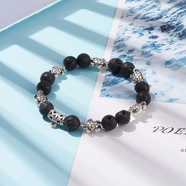 

PandaHall Natural Lava Rock Round Beaded Stretch Bracelet with Alloy Tortoise, Essential Oil Gemstone Jewelry for Women, Inner Diameter: 2...