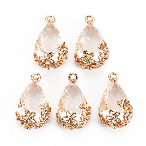 

PandaHall Transparent Glass Pendants, for DIY Jewelry Making, with Brass Findings, Faceted, Teardrop with Flower, Light Gold, Clear...