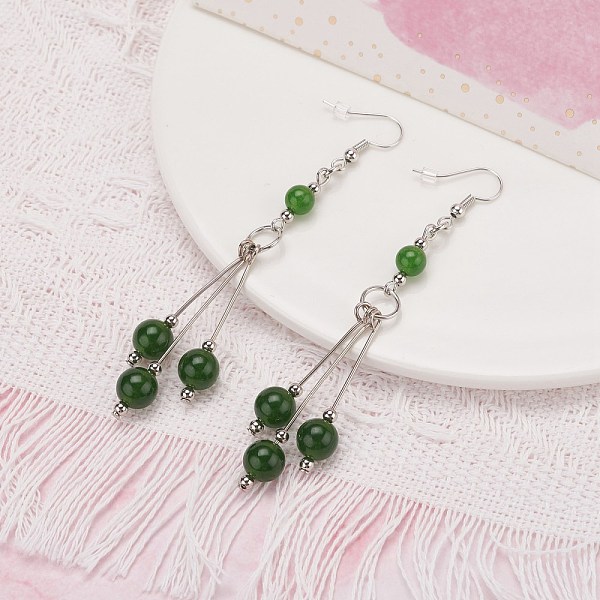 

PandaHall Natural Malaysia Jade Ball Beads Long Dangle Earring for Lady, Brass Wrap Stone Drop Earrings, Platinum, Dark Olive Green, 88mm...