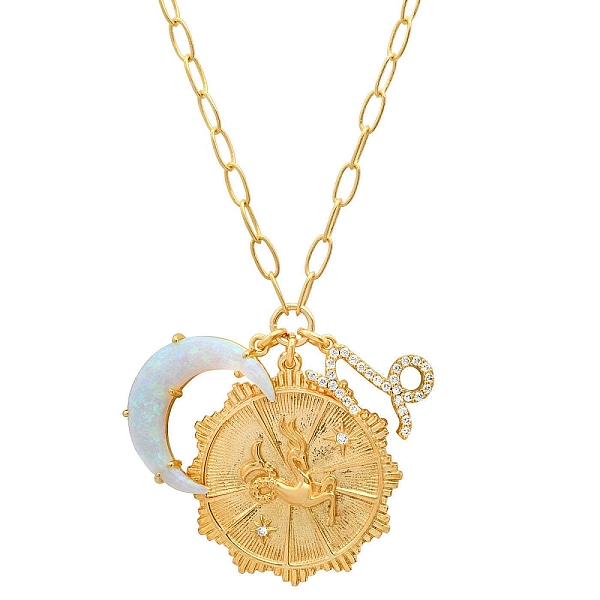 

PandaHall Cubic Zirconia Constellation & Opalite Moon Pendant Necklace, with Golden Brass Paperclip Chains, Capricorn, 19.69 inch(50cm)...