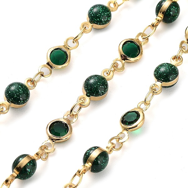 

PandaHall Handmade Green Glass Flat Round & Round Link Chains, with Brass Findings, with Spool, Soldered, Real 18K Gold Plated...