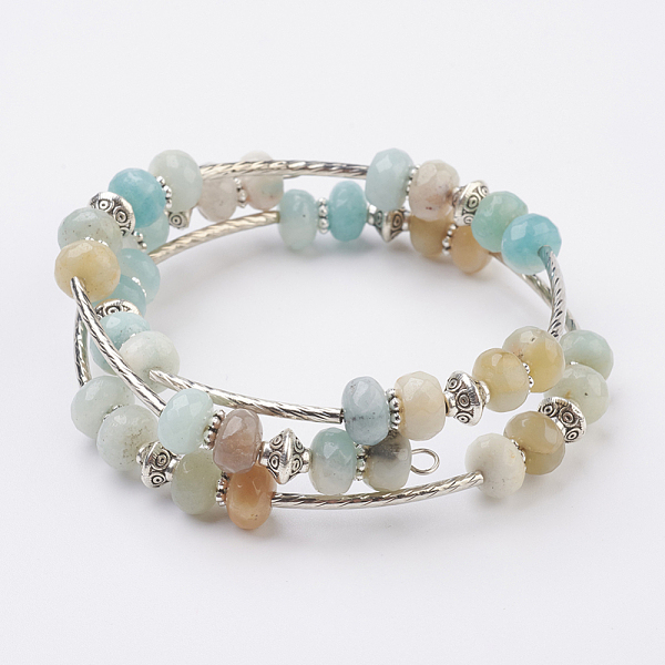 

PandaHall Natural Flower Amazonite Beads Wrap Bangles, 3-Loop, with Tibetan Style Bead, Tibetan Style Alloy Spacer and Brass Tube Bead...