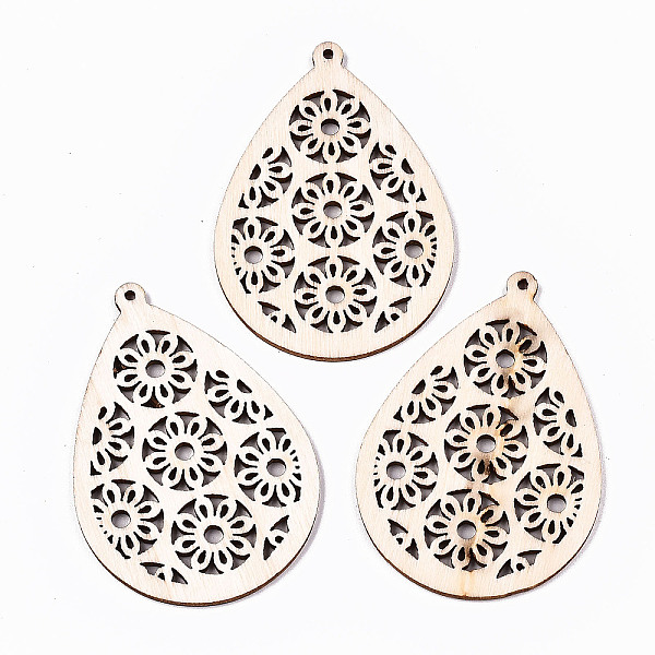 PandaHall Undyed Natural Hollow Wooden Big Pendants, Laser Cut Shapes, Teardrop with Flower, Antique White, 61.5x42.5x2mm, Hole: 1.6mm Wood...