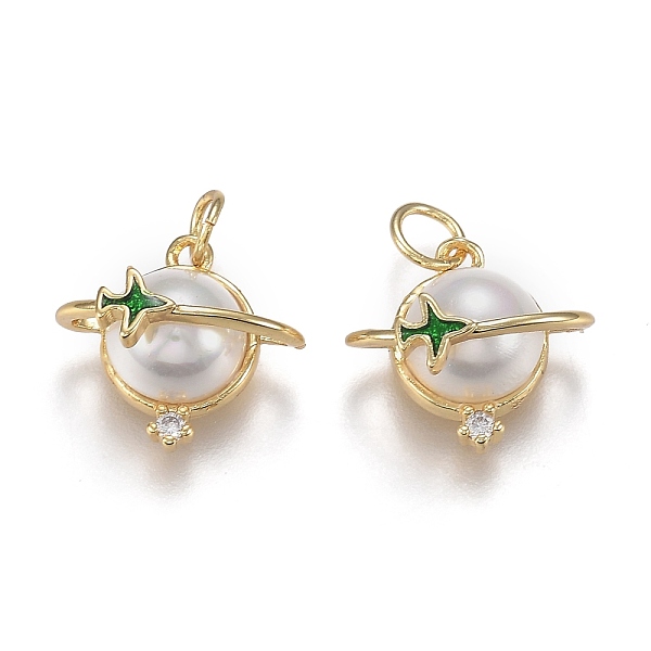 

PandaHall Brass Micro Pave Clear Cubic Zirconia Charms, with Jump Ring and Acrylic Beads, Long-Lasting Plated, Planet with Plane, Real 18K...