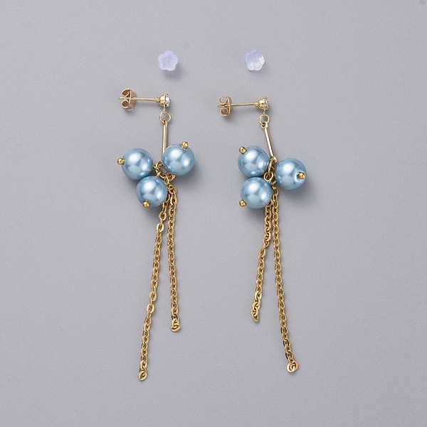 

PandaHall Eco-Friendly Glass Pearl Dangle Stud Earrings, with Brass Bar Links Chains, 304 Stainless Steel Cable Chains, Brass Cubic Zirconia..., Blue