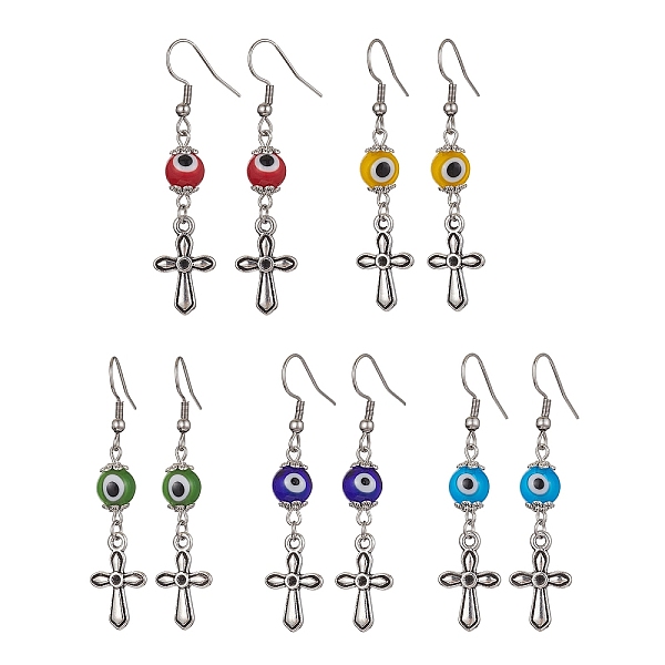 

PandaHall Alloy Cross Dangle Earrings with 304 Stainless Steel Pins, Lampwork Evil Eye Long Drop Earrings, Mixed Color, 54x12mm Alloy Cross..., Multicolor