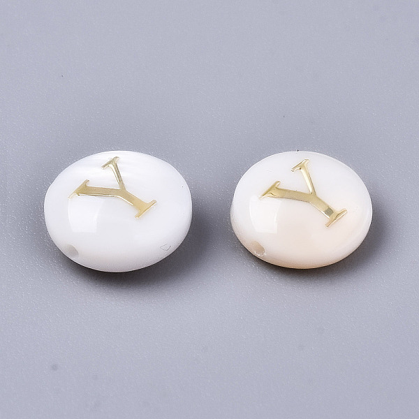 

PandaHall Natural Freshwater Shell Beads, with Golden Plated Brass Etched Metal Embellishments, Flat Round, Seashell Color, Letter.Y...