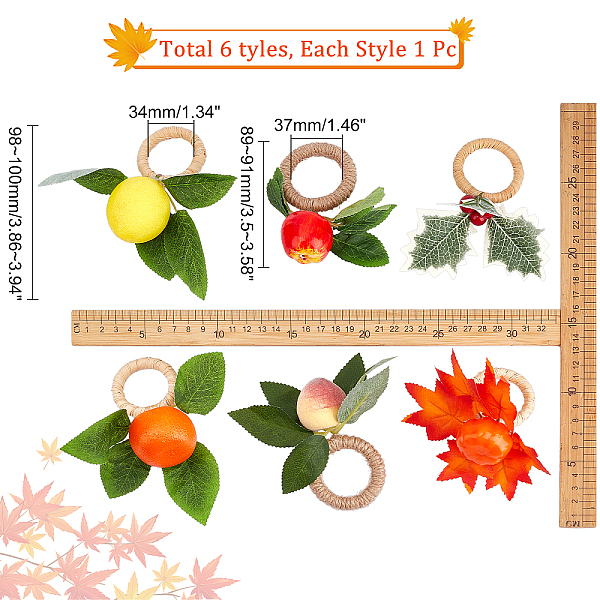 

PandaHall CHGCRAFT 6Pcs 6 Style Wooden Napkin Rings, Wrapped with Jute Cord, with Foam Artificial Fruit, Vegetable & Cloth Leaf, Mixed..., Multicolor