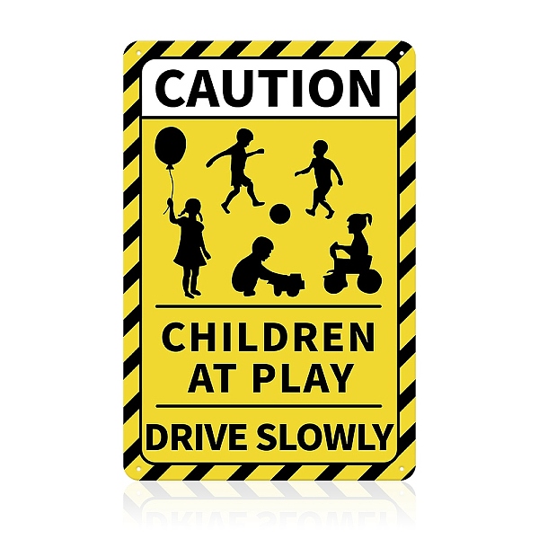 PandaHall UV Protected & Waterproof Aluminum Warning Signs, Caution Children at Play Warning Drive Slowly Sign, Yellow, 45x30x0.09cm, Hole