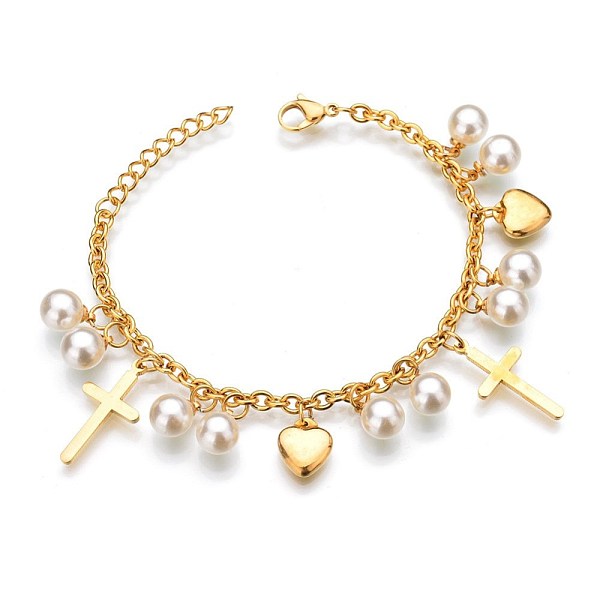 

PandaHall Titanium Steel Cross & Heart Charm Bracelets for Women, with Shell Pearl and Cable Chains, Golden, 6-1/2 inch(16.5cm) Titanium...