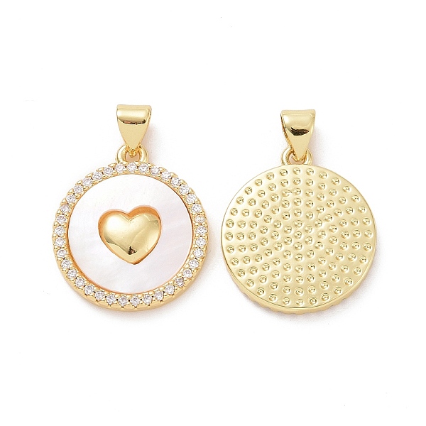 

PandaHall Brass Micro Pave Clear Cubic Zirconia Pendants, with Shell, Flat Round with Heart Charms, Golden, 20.5x18x3mm, Hole: 3x4mm..., White