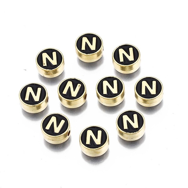 

PandaHall Alloy Enamel Beads, Cadmium Free & Lead Free, Light Gold, Flat Round with Alphabet, Black, Letter.N, 8x4mm, Hole: 1.5mm...