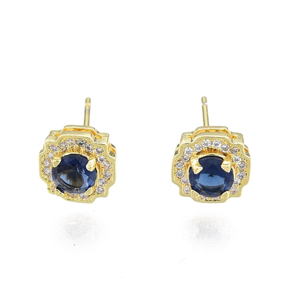 Marine Blue Glass Flower Stud Earrings With Cubic Zirconia