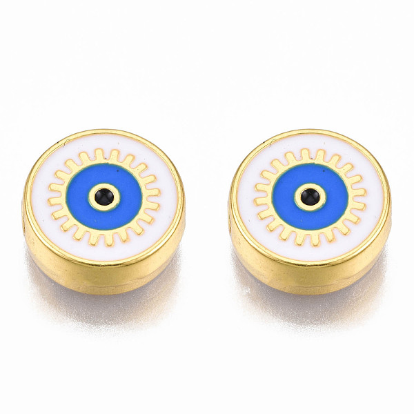 

PandaHall Rack Plating Alloy Enamel Pendants, Light Gold, Cadmium Free & Nickel Free & Lead Free, Flat Round with Evil Eye, White, 12x4.5mm...