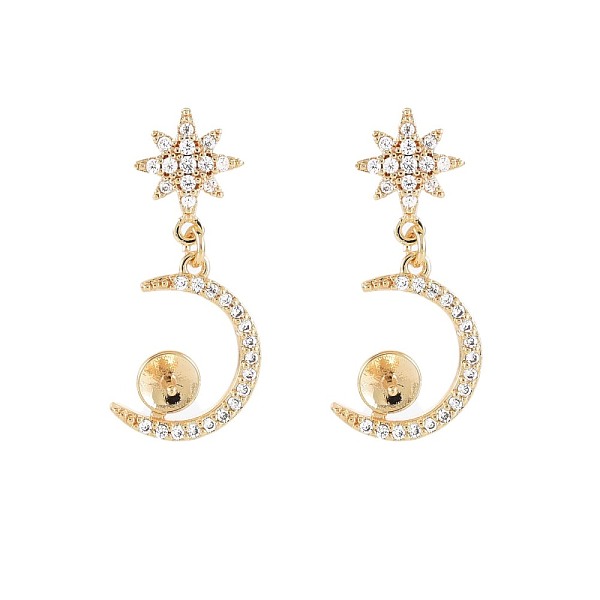 

PandaHall Brass Micro Pave Clear Cubic Zirconia Stud Earring Findings, for Half Drilled Beads, Nickel Free, Moon, Real 18K Gold Plated...