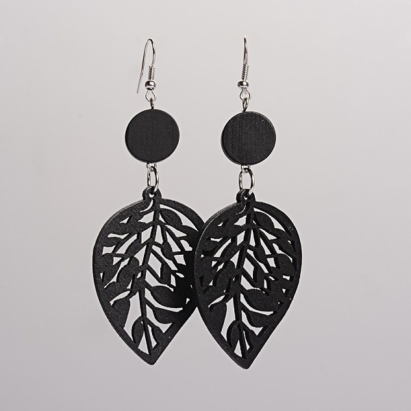 

PandaHall Trendy Leaf Wood Dangle Earrings, with Platinum Plated Iron Earring Hooks, Black, 90x34mm, Pin: 0.8mm Wood Black