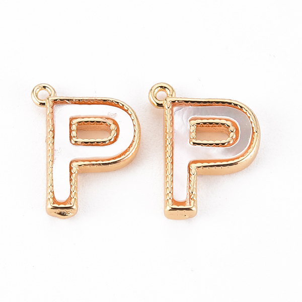

PandaHall Brass Charms, with Shell, Real 18K Gold Plated, Nickel Free, Letter.P, 12x9x2mm, Hole: 0.9mm White Shell Letter P