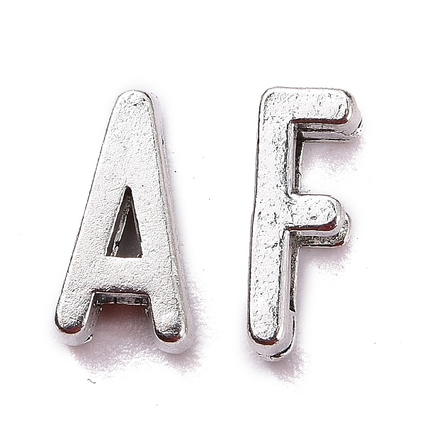 

PandaHall Tibetan Style Alloy Letter Slide Charms, Lead Free & Cadmium Free, Random Mixed Letters, 10~11x2~8x4mm, Hole: 7x2mm Alloy Letter