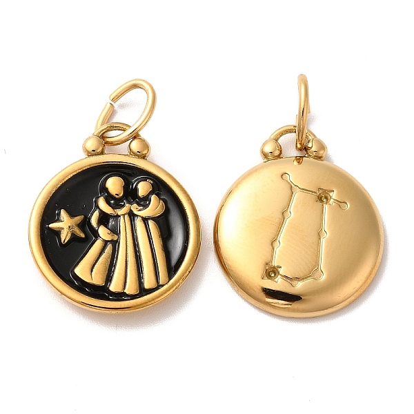 

PandaHall Ion Plating(IP) 304 Stainless Steel Enamel Pendants, with Jump Ring, Flat Round with Constellation, Golden, Gemini..., Black