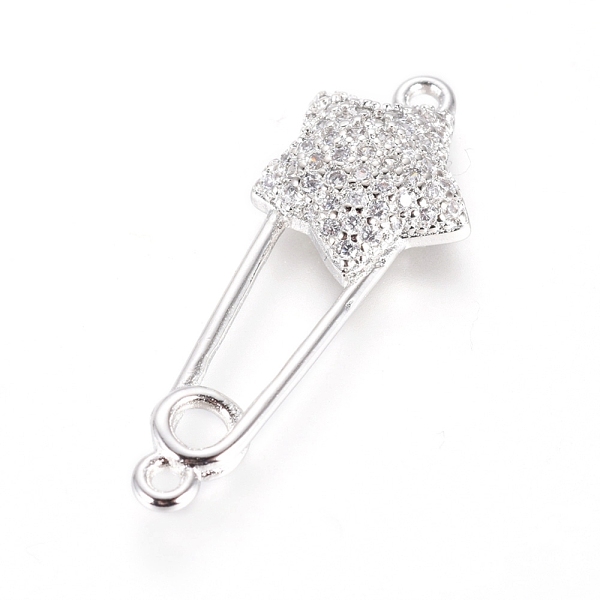 

PandaHall Brass Micro Pave Cubic Zirconia Links connectors, Safety Pin Shape with Star, Clear, Platinum, 27x10x3.5mm, Hole: 1.2mm...