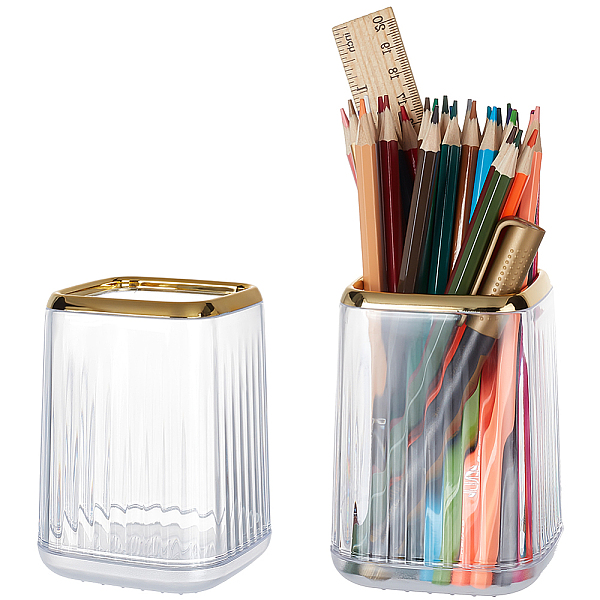 PandaHall Gold Brim Square Mouth Plastic Pen Holders, Multi-Purpose Desktop Stationary Organizer, Office & School Supplies, Clear...