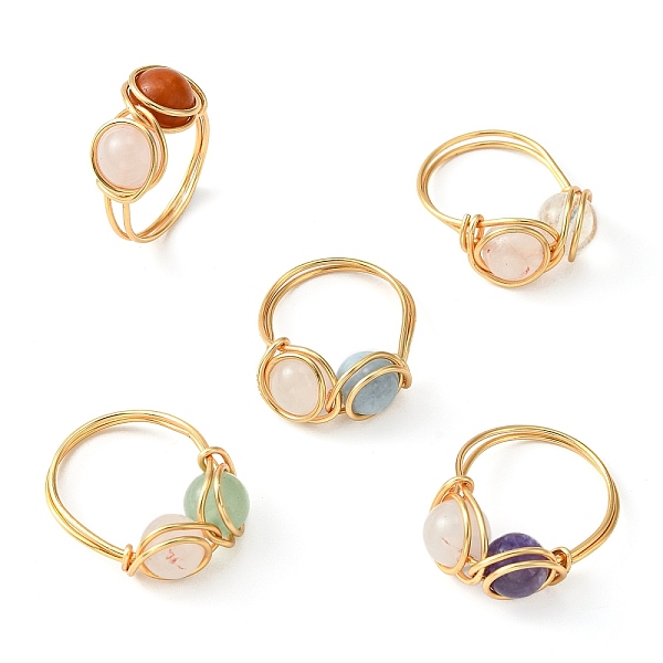 

PandaHall Natural Mixed Gemstone Finger Ring, Golden Copper Wired Ring, US Size 8 1/2(18.5mm) Mixed Stone Round