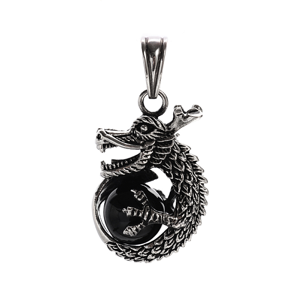 PandaHall Stylish Retro 304 Stainless Steel Agate Dragon Pendants, Antique Silver, Black, 37.5x17x25mm, Hole: 6x10.5mm 304 Stainless Steel...