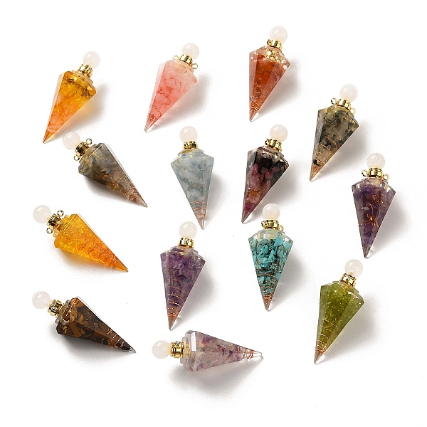 

PandaHall Natural & Synthetic Mixed Gemstone Perfume Bottle Pendants, Resin Faceted Cone Charms with Golden Plated Brass Screw Cap, Mixed...