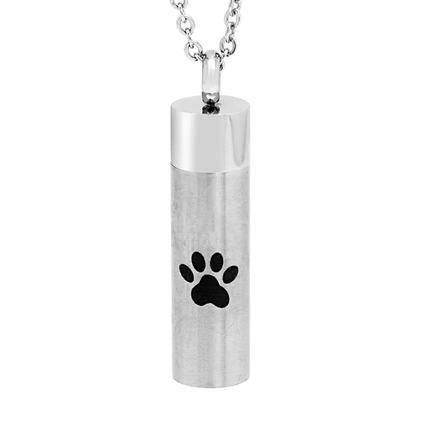

PandaHall Paw Print Pattern Column Ash Urn Titanium Steel Pendant Neckalce, Empty Portable Bottle Necklace, Pet Memorial Cable Chain...