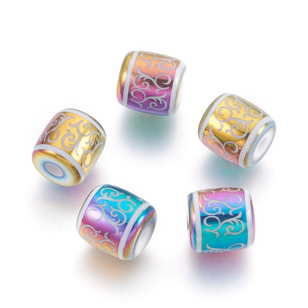 

PandaHall Electroplate Glass Beads, Barrel with Vine Pattern, Multi-color Plated, 12x11.5mm, Hole: 3mm, 100pcs/bag Glass Flower
