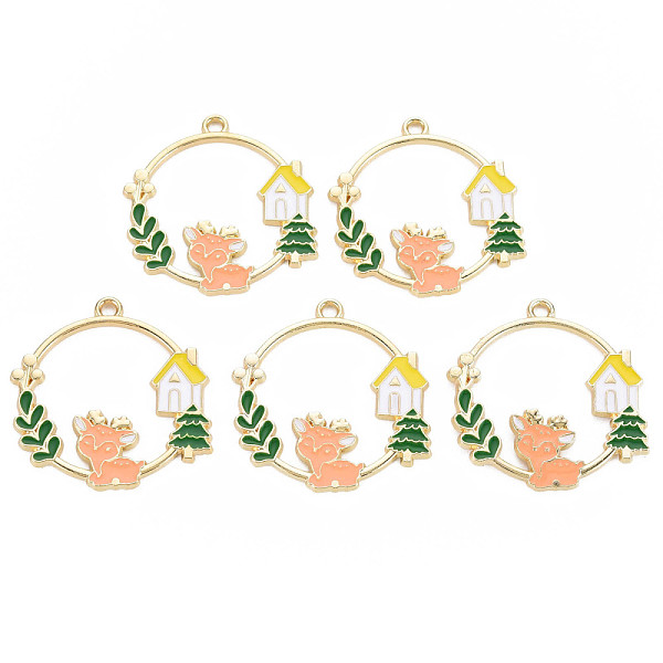 

PandaHall Alloy Enamel Pendants, Cadmium Free & Nickel Free & Lead Free, Light Gold, Ring with Deer, Light Salmon, 30x30.5x2mm, Hole: 1.8mm...