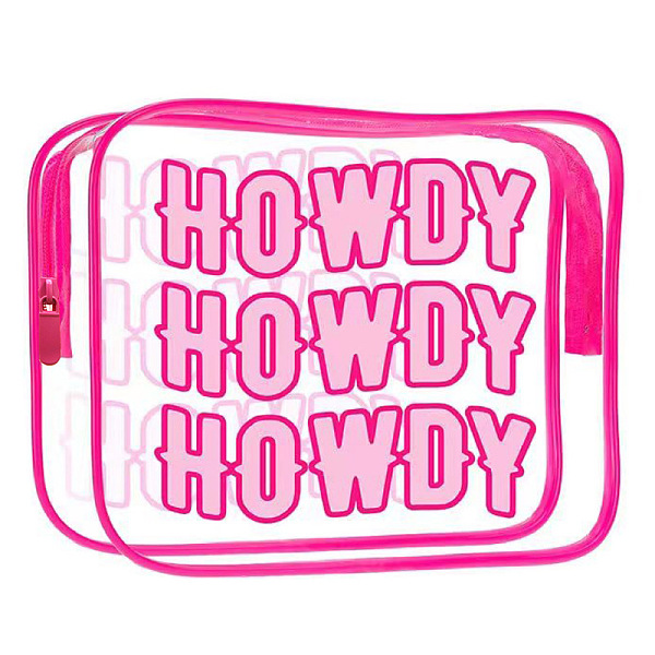 PandaHall Transparent PVC Cosmetic Pouches, Waterproof Clutch Bag, Toilet Bag for Women, Hot Pink, Word Howdy, 20x15x5.5cm Plastic Word Pink