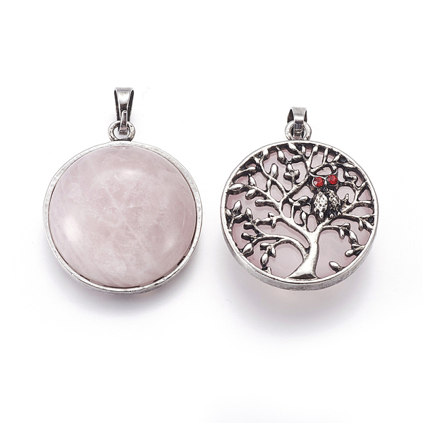 

PandaHall Natural Rose Quartz Pendants, with Brass Findings and Rhinestone, Half Round with Tree of Life and Owl, 31x27x10~11mm, Hole: 5x7mm...
