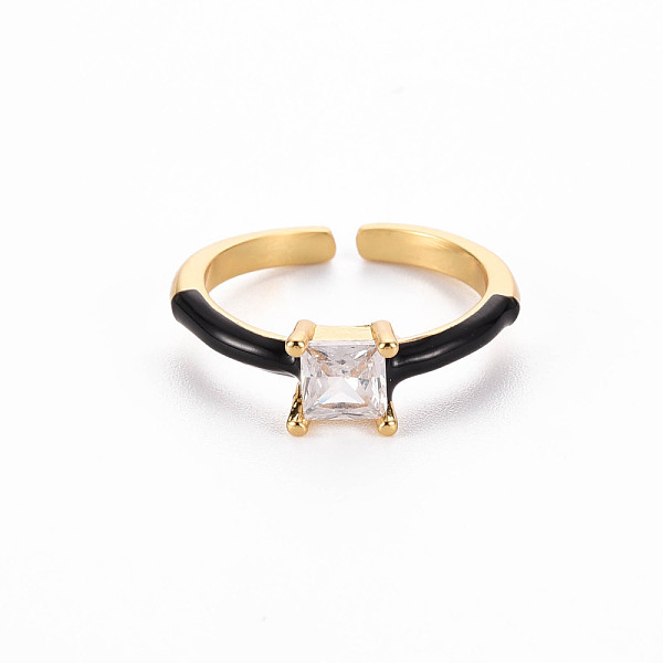

PandaHall Brass Enamel Cuff Rings, Open Rings, Solitaire Rings, with Clear Cubic Zirconia, Nickel Free, Square, Golden, Black, US Size 7...