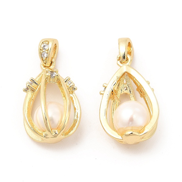 

PandaHall Brass Micro Pave Cubic Zirconia Pendants, with Pearl Beads, Teardrop Cage Charm, Real 14K Gold Plated, 17x10x8.5mm, Hole: 2x3mm..., White