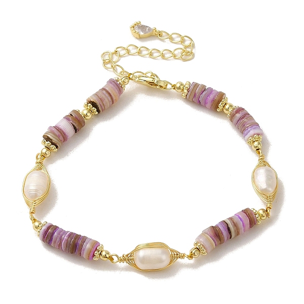 

PandaHall Natural Pearl & Shell Beaded Bracelets, Brass Wire Wrapped Bracelet, Real 14K Gold Plated, 6-7/8 inch(17.4cm) Pearl