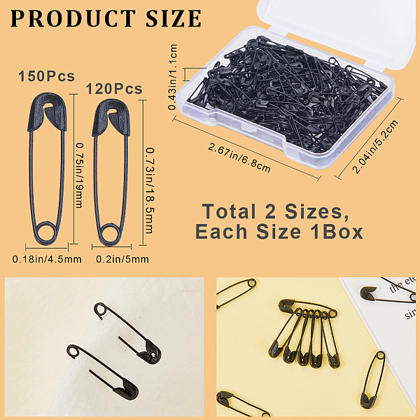 

PandaHall CRASPIRE 2 Boxes 2 Style Iron Safety Pins, Black, 18.5~19x4.5~5x1.5~2mm, 1 box/style Iron Black